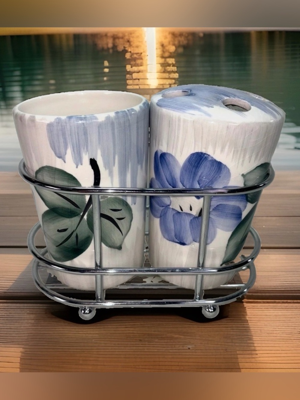 Catalina Hand Painted Floral Ceramic Toothbrush Holder Tumbler Set &  Caddy
